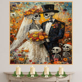 Skeleton Bride and Groom Wedding in Autumn Garden – Vibrant Día de los Muertos Style Painting on Ready to Hang 1.5" Thick Canvas Wrap, Floating Framed Canvas, Flat Rolled Canvas